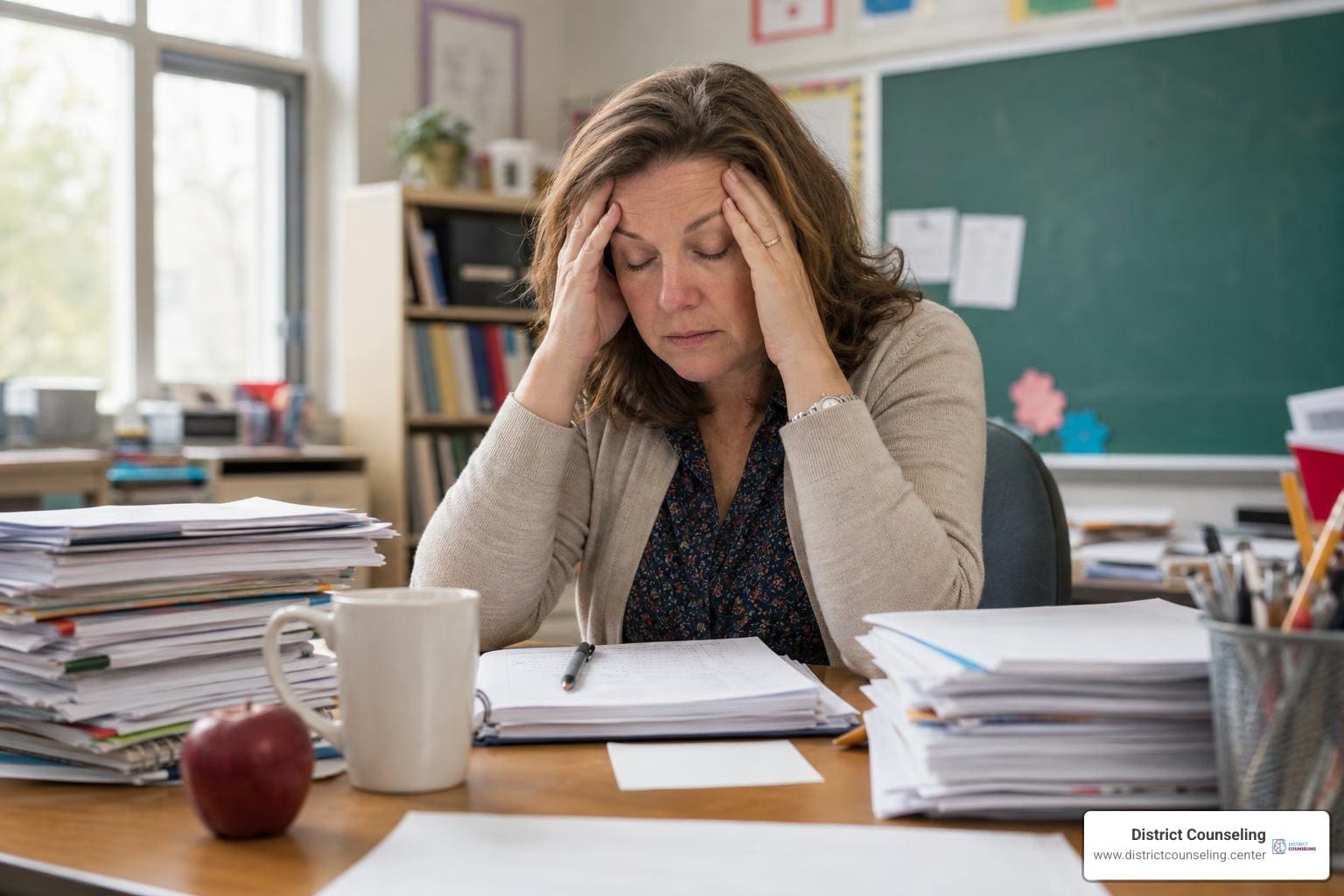 exhausted teacher at desk burnout